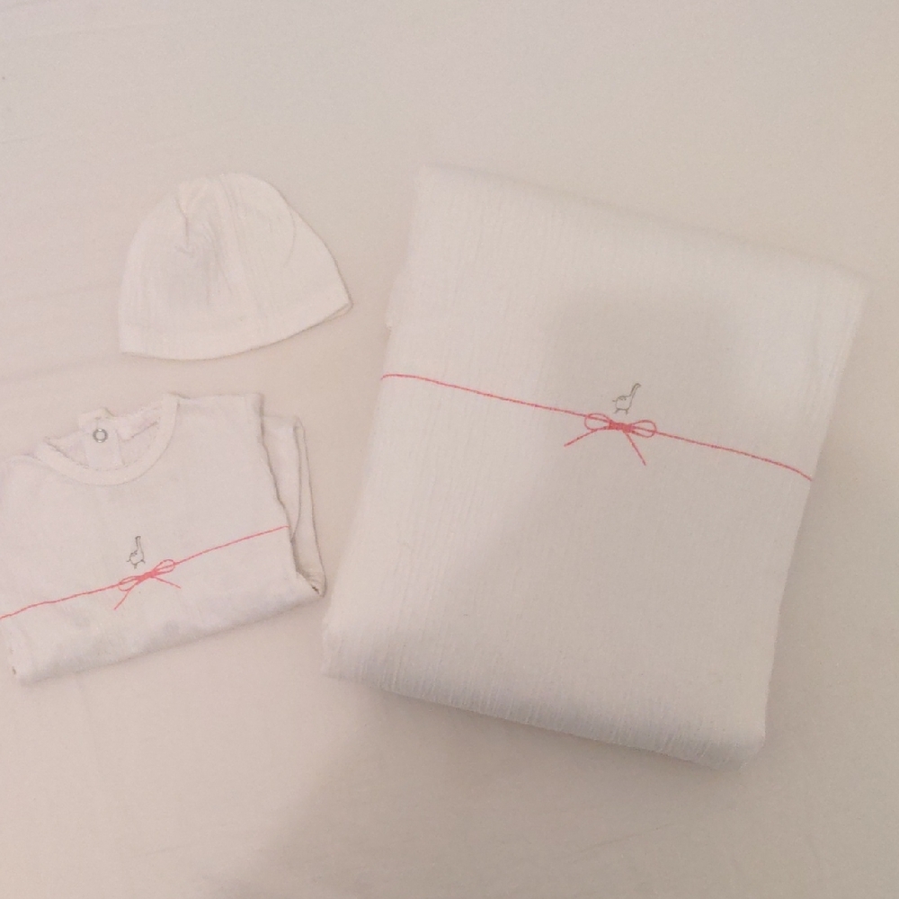 White Baby Blanket and Outfit Set with Pink Accents